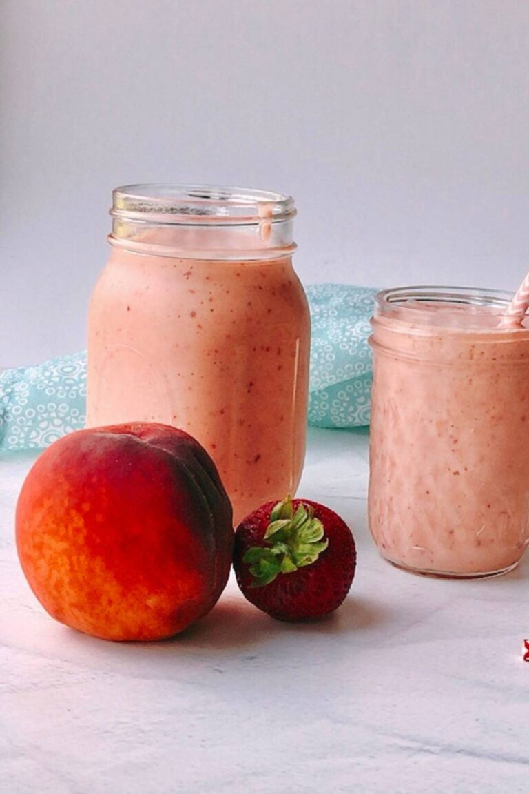 Healthy peach and strawberry is super easy to make, tasty, and refreshing! This nourishing breakfast smoothie is made with only five ingredients - frozen peaches, frozen strawberry, frozen, yogurt and orange juice! Though this is a vegetarian smoothie recipe, you can easily make it vegan by substituting Greek yogurt with a dairy-free yogurt.