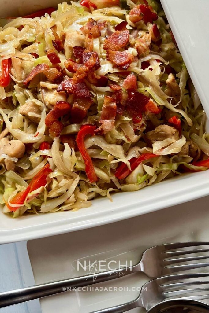Are you looking to add more greens to your dinner table? Or do you want a simple Irish fried cabbage for St. Patrick's Day? Sauteed green cabbage with chicken and bacon is just what you need! This easy, tasty, filling, health-ish cabbage stir fry recipe is the perfect side for St. Patrick's Day. Also, excellent for meal prep! It makes an ideal side or main dish; it goes well with rice or plantains and with steak or salmon! The best thing is that you can eat it as is! Also, is green cabbage chicken bacon stir fry low-carb, gluten-free, keto-friendly, and dairy-free?