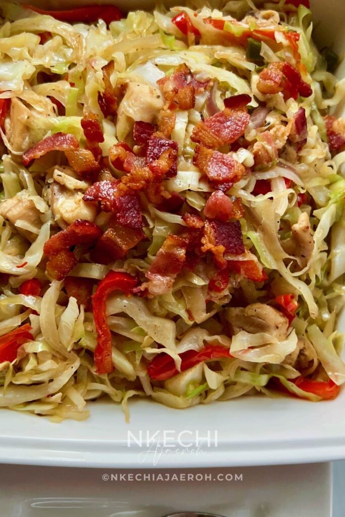 Are you looking to add more greens to your dinner table? Or do you want a simple Irish fried cabbage for St. Patrick's Day? Sauteed green cabbage with chicken and bacon is just what you need! This easy, tasty, filling, health-ish cabbage stir fry recipe is the perfect side for St. Patrick's Day. Also, excellent for meal prep! It makes an ideal side or main dish; it goes well with rice or plantains and with steak or salmon! The best thing is that you can eat it as is! Also, is green cabbage chicken bacon stir fry low-carb, gluten-free, keto-friendly, and dairy-free? 