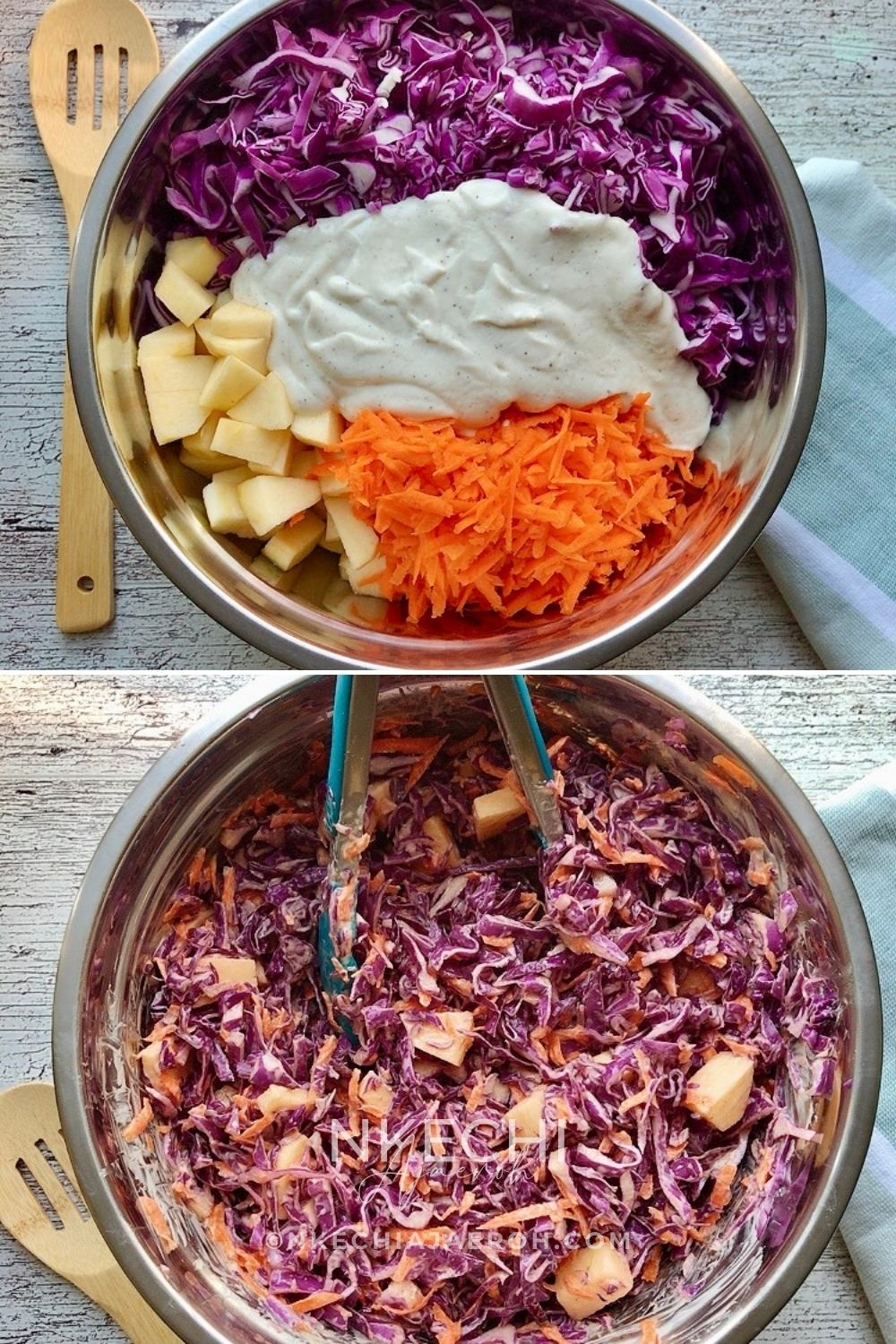 Here's the easiest and tastiest cabbage carrot apple salad you and your family will enjoy! Everyone needs that quick go-to salad that is perfect at any time of the year and can go with anything! Today, I want to share my cabbage carrot apple slaw. This easy red cabbage salad recipe requires only three main ingredients, namely red or purple cabbage, carrots, and apple, and then you add the dressing. And you are left with a tasty, refreshing light salad! This super easy and nutritious red/purple cabbage salad is the perfect effortless side dish that will go with any main dish.