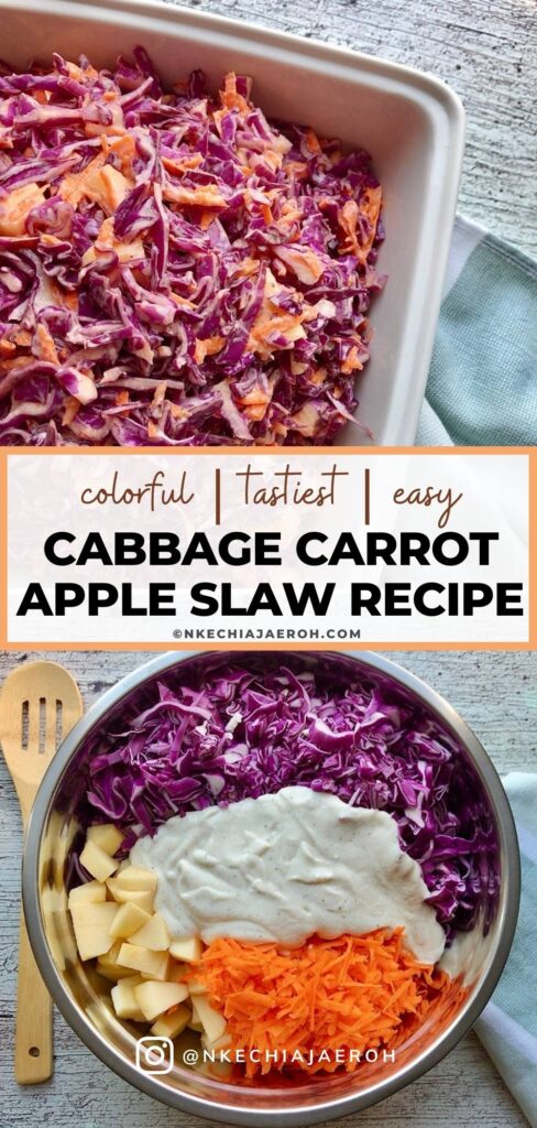 Here's the easiest and tastiest cabbage carrot apple salad you and your family will enjoy! Everyone needs that quick go-to salad that is perfect at any time of the year and can go with anything! Today, I want to share my cabbage carrot apple slaw. This easy red cabbage salad recipe requires only three main ingredients, namely red or purple cabbage, carrots, and apple, and then you add the dressing. And you are left with a tasty, refreshing light salad! This super easy and nutritious red/purple cabbage salad is the perfect effortless side dish that will go with any main dish.