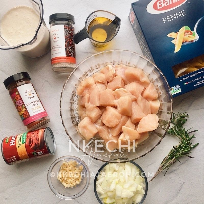 The ingredients you will need to make this easy tomato chicken penne pasta are chicken breast, penne pasta, tomatoes, heavy cream, olive oil, onions, garlic, herbs and spices, salt, and pepper. I also like adding a dash of Knorr Bouillon chicken seasoning for that ultimate chicken flavor!