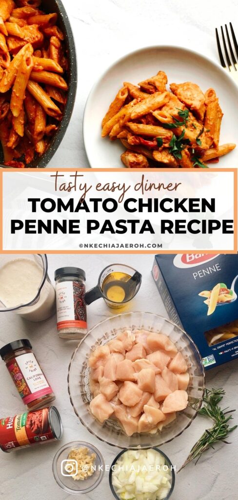 The most delicious, creamiest chicken penne pasta recipe with tomatoes cooks in under 30 minutes in one pot! This easy tomato chicken pasta recipe uses chicken breast, penne pasta, tomatoes, onions, garlic, herbs and spices, salt, and pepper. You will make this simple dish over and over again! Chicken pasta is a simple dish for lunch or dinner that comes together quickly on the stovetop in a pan/skillet. The best part is that this pasta recipe doesn’t require cheese to taste great. Next time you want a pasta dish, choose this tasty creamy tomato chicken penne pasta recipe! You will never be disappointed. 