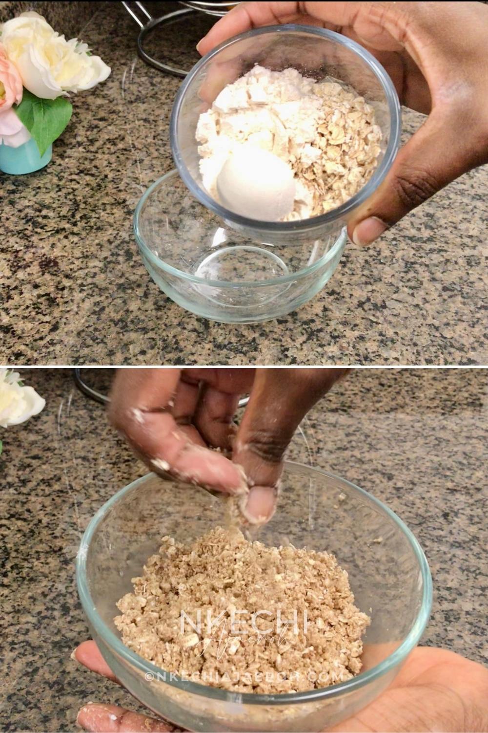 Make the streusel topping
You'll grab another bowl and add the streusel ingredients to it – flour, quick oats, coconut sugar, salt, and room-temperature plant butter. You can then combine them with a fork or your clean hands. The result should be coarse and crumbly.
