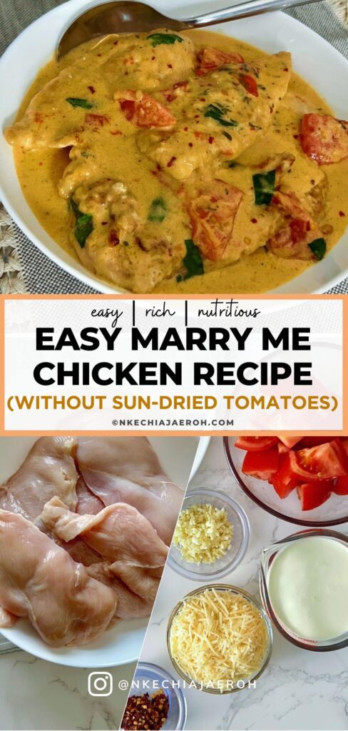 The famous Marry Me Chicken is simply the delectable chicken dish that seals the deal! An unforgettable, delicious, flavorful, finger-licking chicken recipe! It combines garlic, "sun-dried tomatoes" (though I used fresh tomatoes), heavy cream, parmesan cheese, fresh herbs to make the most tasting creamy sauce, and your golden brown seared chicken breast simmers in this sauce. Y'all, this dish is so good that people on the internet believe it can make someone pop the question. This Marry Me Chicken recipe is easy to cook as it is ready in less than 30 minutes! Serve for date nights and special occasions, perfect with any side dish! 