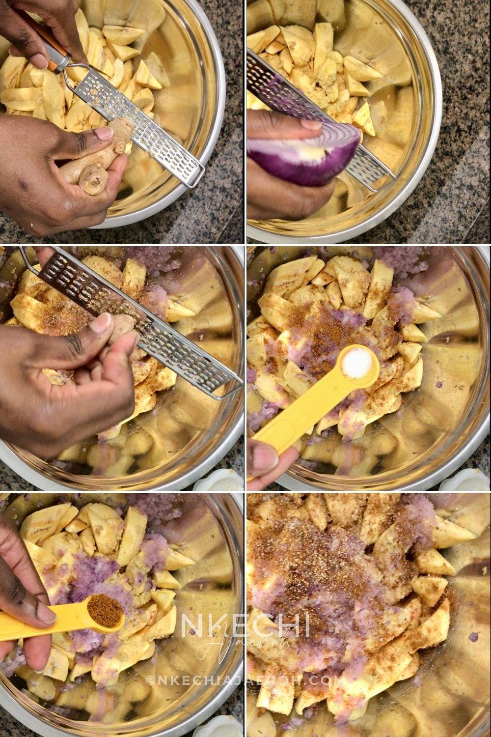 Kelewele or Aloco (Alloco) is a Ghanaian spiced fried plantain recipe. This richly flavored fried snack is very popular in the streets of Ghana and typically pairs with groundnuts (peanuts). The combination of sweet, ripe plantains with fresh herbs and spices such as fresh onions, ginger, and other dry traditional spices makes this dish unique and unforgettable. If you like fried plantains, you will love these Ghanaian spicy fried plantains - kelewele. What does Kelewele (Ghanaian Spicy Fried Plantains) Taste Like? What does Kelewele mean? In English, kelewele means “hot plantain crisps.” It is simply a spicy or spiced fried ripe plantains. These Ghanaian spicy fried plantains are gluten-free, dairy-free, and vegan.