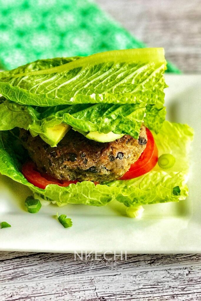 Healthy Black Bean Burger Lettuce Bun Recipe is Gluten-Free, tasty and nutritious! Want a healthy vegetarian burger that doesnโt skimp on flavor? This nutritious black bean veggie burgers recipe is what you need. If you have ever wondered how to make tasty vegetarian burgers, wonder no more. This black bean veggie burger recipe is quick and easy to follow. Not only easy to make, this is perfect for beginner chefs and packed with healthy and nutritious ingredients that your body will love. This wholesome vegetarian burger is what you need for your next meal prep. This veggie burger is gluten-free, vegetarian, and lower in calories and saturated fats than its meat burger counterparts. This makes the perfect recipe for backyard BBQ, picnics, Memorial Day, and Fourth of July. If ready, letโs make this easy black bean burger from scratch and serve it on a lettuce bun!