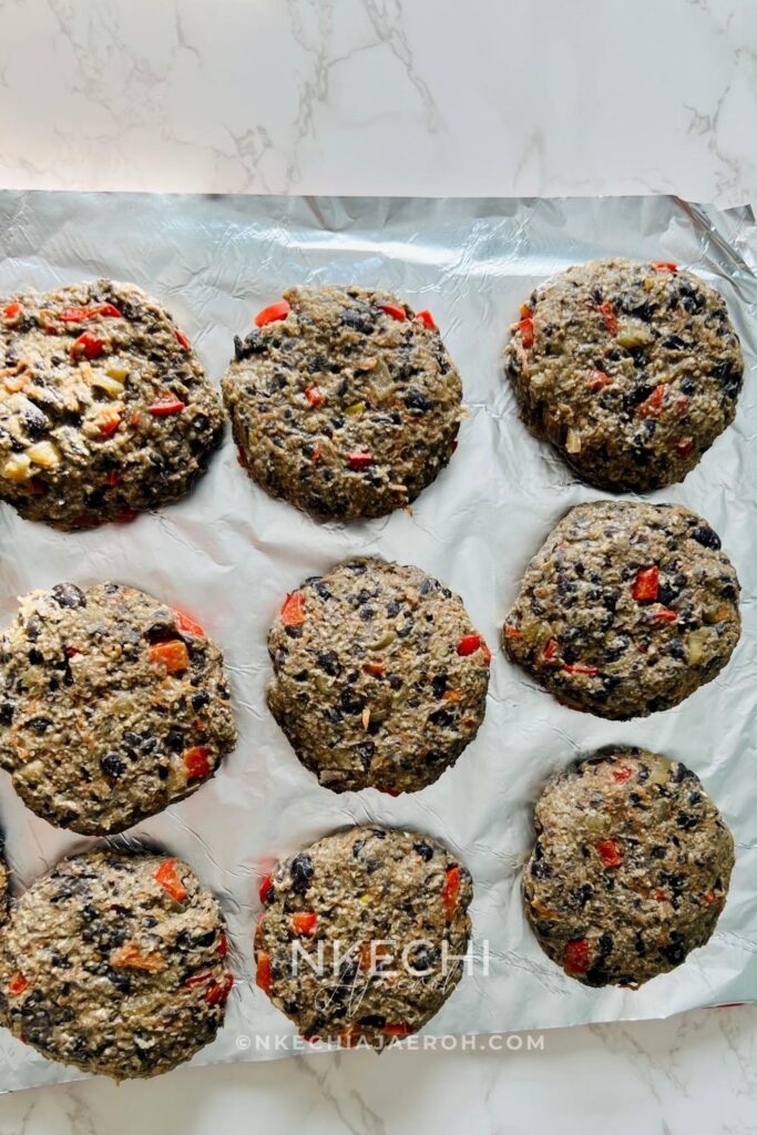 Once the mixture has been chilled, mold into patties. 2 cups of black beans make about 4 to 6 patties. The size of the patties depends on how big or small you want them. Use either 1/3 cup or 1/2 cup measure to ensure the patties are even.