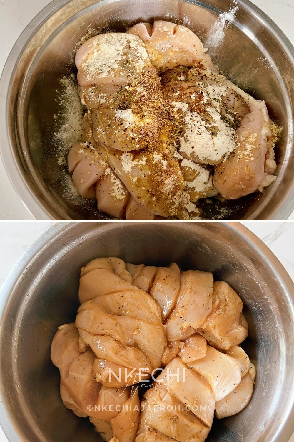 Put your slashed chicken breasts into a bowl and add the seasoning ingredients - ACV, olive oil, onion powder, paprika, Knorr, salt, ginger, thyme, black pepper, and cayenne. Using clean hands or wearing gloves, combine the chicken with all the seasoning ingredients.