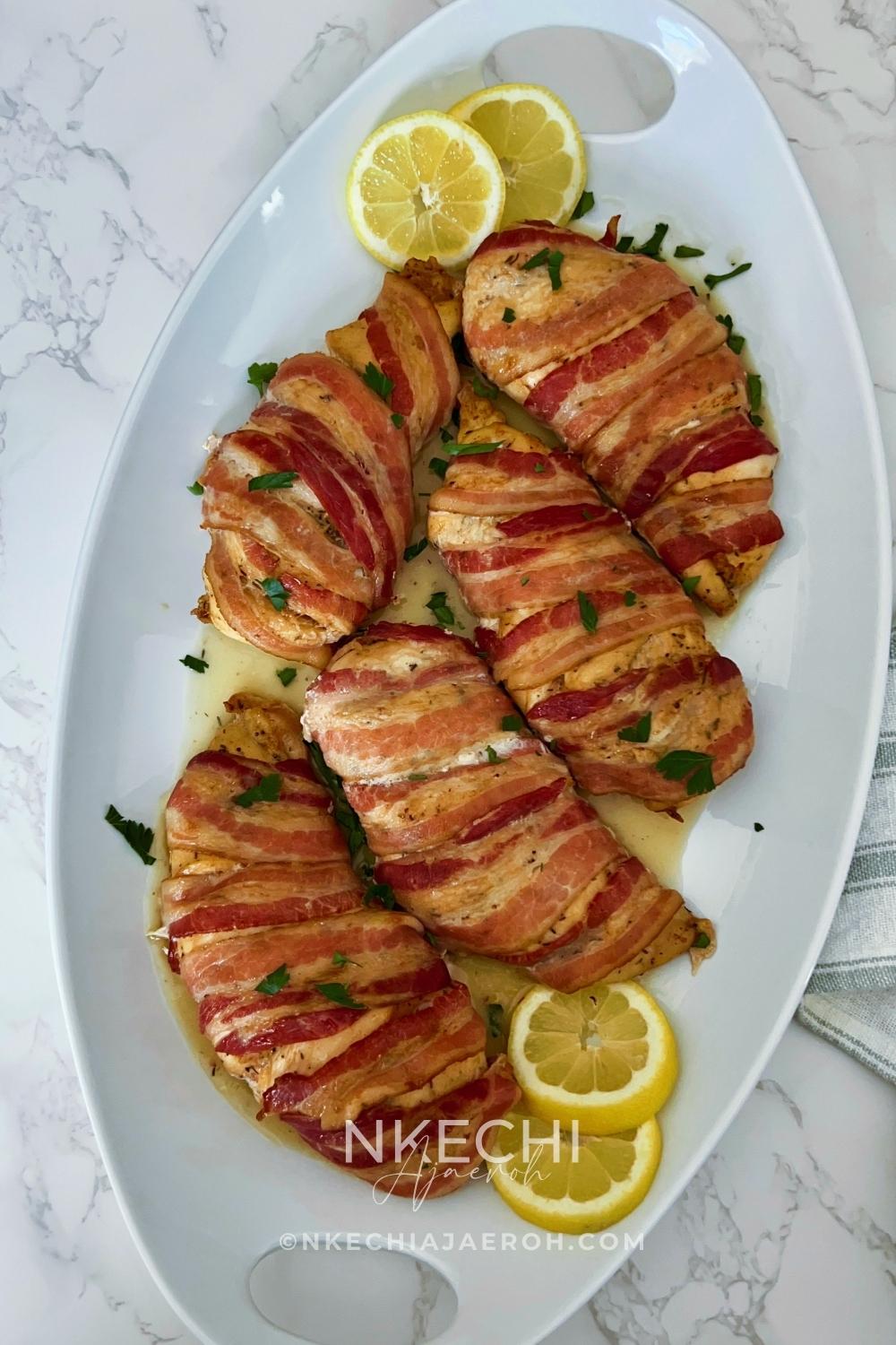 Here is how to make the most delectable oven-baked bacon wrapped chicken breasts recipe without brown sugar. This juicy and nutritious chicken recipe is easy, tasty, and such a crowd-pleaser! Bacon-Wrapped Chicken Breasts is kid-friendly as most kids love everything bacon! The ingredients for oven-baked bacon wrapped chicken breasts are simple. First of all, the chicken is well seasoned and then wrapped with bacon, protecting them from over-drying. In the end, you are left with juicy, tasty chicken breast that you can serve with any side dish.