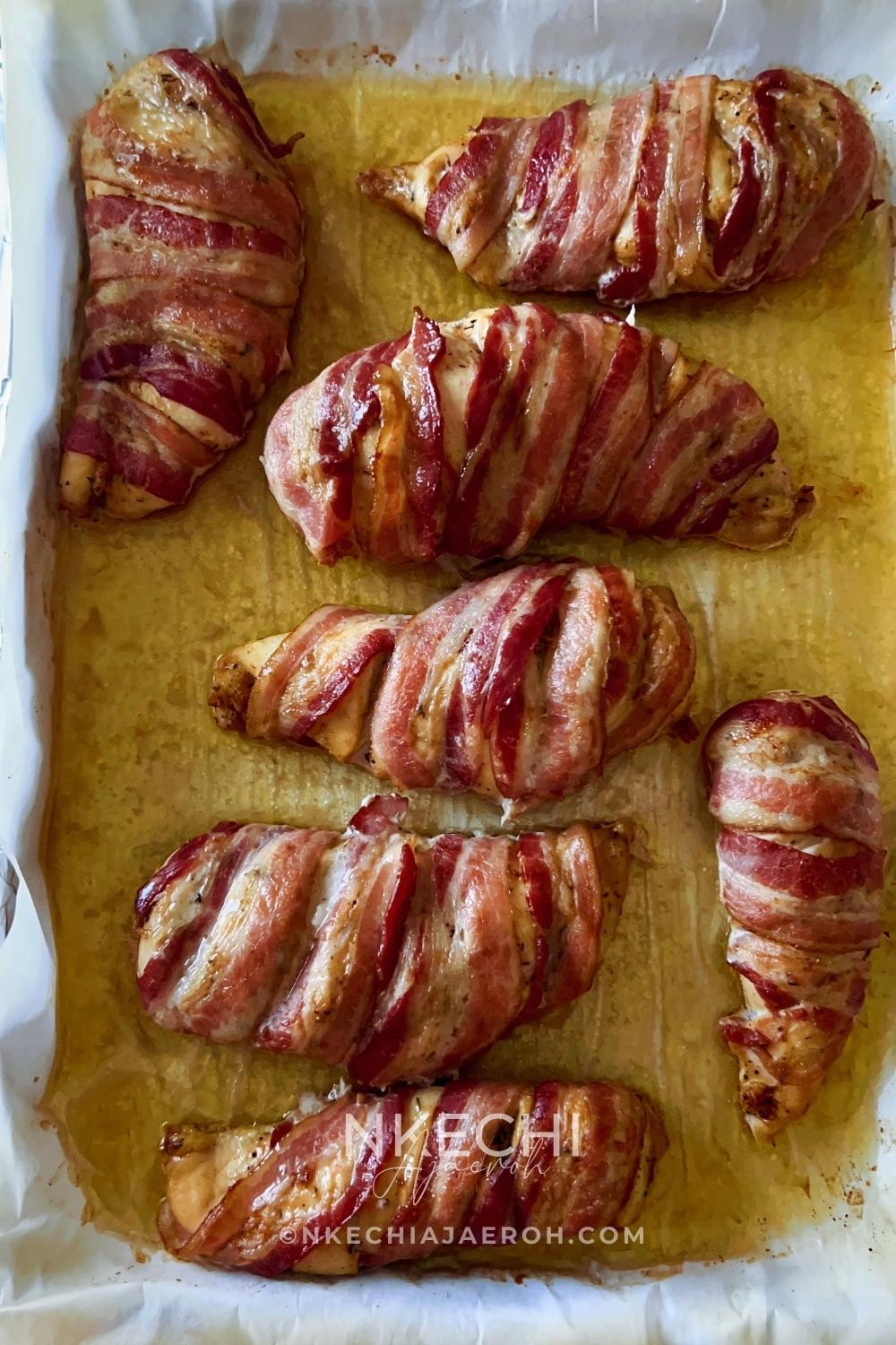 Here is how to make the most delectable oven-baked bacon wrapped chicken breasts recipe without brown sugar. This juicy and nutritious chicken recipe is easy, tasty, and such a crowd-pleaser! Bacon-Wrapped Chicken Breasts is kid-friendly as most kids love everything bacon! The ingredients for oven-baked bacon wrapped chicken breasts are simple. First of all, the chicken is well seasoned and then wrapped with bacon, protecting them from over-drying. In the end, you are left with juicy, tasty chicken breast that you can serve with any side dish.