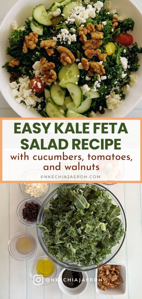The only easy kale salad you need! This kale feta salad recipe is packed with crunchy kale leaves, toasted walnuts, feta cheese, cucumbers, and tomatoes. If you love kale, then you will enjoy this healthy salad, but if you are skeptical about kale, then this will change your mind. Though this is a vegetarian salad, you can still add meat or fish of your choice to make it more filling. This salad comes together in minutes, and if you know you need to eat more veggies but are tired of the same old stuff, this one is going to make you love salad. It’s such a rewarding bowl of goodness, and I’m here to help you get it on your table tonight! What are the ingredients in kale salad? Can you eat raw kale as a salad? What's in Chick-fil-A's kale salad? How do you get the bitterness out of kale salad?