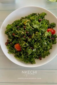This is the only easy kale salad you need! This recipe is packed with crunchy kale leaves, feta cheese, walnuts, cucumbers, tomatoes, and a light fragrant date-apple cider dressing. If you love kale, then you will enjoy this healthy salad, but if you are skeptical about kale, then this will change your mind. Though this is a vegetarian salad, you can still add meat or fish of your choice to make it more filling.