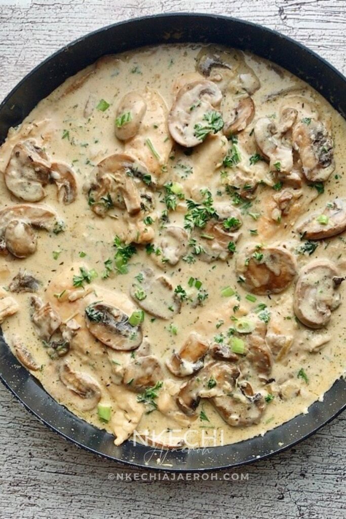 Can we take a moment to rave about this flavorful, finger-licking, good, and satisfyingly delicious creamy mushroom chicken breast recipe? This chicken dinner recipe is a win-win situation. Packed with nutritious ingredients and smothered in creamy, garlicky sauce. This is one restaurant-quality food you and your family will enjoy. It is a versatile recipe that is perfect for Sunday dinner, holidays, and still easy for weeknight meals. Need to break free from the same old dinner rotation items? Turn your chicken dinner into a culinary masterpiece with my creamy garlic mushroom chicken breast recipe. Easy enough for any night of the week, yet delicious enough for Sunday dinners and entertaining your guests.