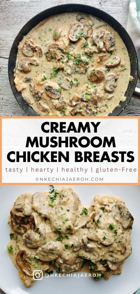 Can we take a moment to rave about this flavorful, finger-licking, good, and satisfyingly delicious creamy mushroom chicken breast recipe? This chicken dinner recipe is a win-win situation. Packed with nutritious ingredients and smothered in creamy, garlicky sauce. This is one restaurant-quality food you and your family will enjoy. It is a versatile recipe that is perfect for Sunday dinner, holidays, and still easy for weeknight meals. Need to break free from the same old dinner rotation items? Turn your chicken dinner into a culinary masterpiece with my creamy garlic mushroom chicken breast recipe. Easy enough for any night of the week, yet delicious enough for Sunday dinners and entertaining your guests. 