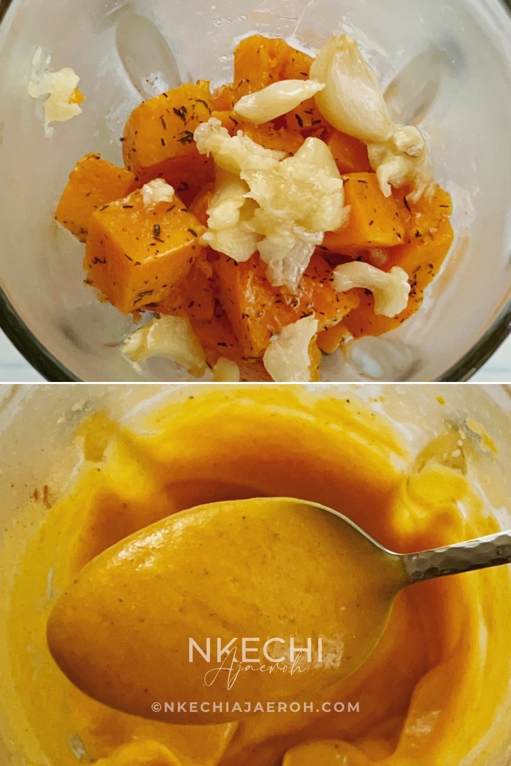 Once finished, place the roasted butternut squash into the blender. Squeeze out the garlic head from the skin into the blender as well, handling it with care as it will be hot. Next, add the coconut milk, chili powder, and cinnamon powder. Blend or purée until smooth and creamy. Add more coconut milk if necessary to achieve your desired consistency. Taste for flavor as well and adjust as needed.