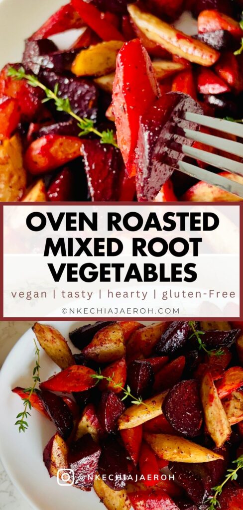 Oven Roasted Mixed Root Vegetables is a Gluten-free and Colorful Side Dish that you and your family will love! This healthy, vibrant vegetable side dish is almost hands-free! Oven-roasted mixed root vegetables recipe comprises of beetroot, carrots, and parsnips. This combination is not only stunning, colorful, and tasty but also incredibly easy to make and healthy. I love making this for most dinners that I am hosting because it adds beautiful color to the dinner table, plus most of these root vegetables are available during the fall season, so this makes a fantastic addition to your Thanksgiving and Christmas dinner table.
