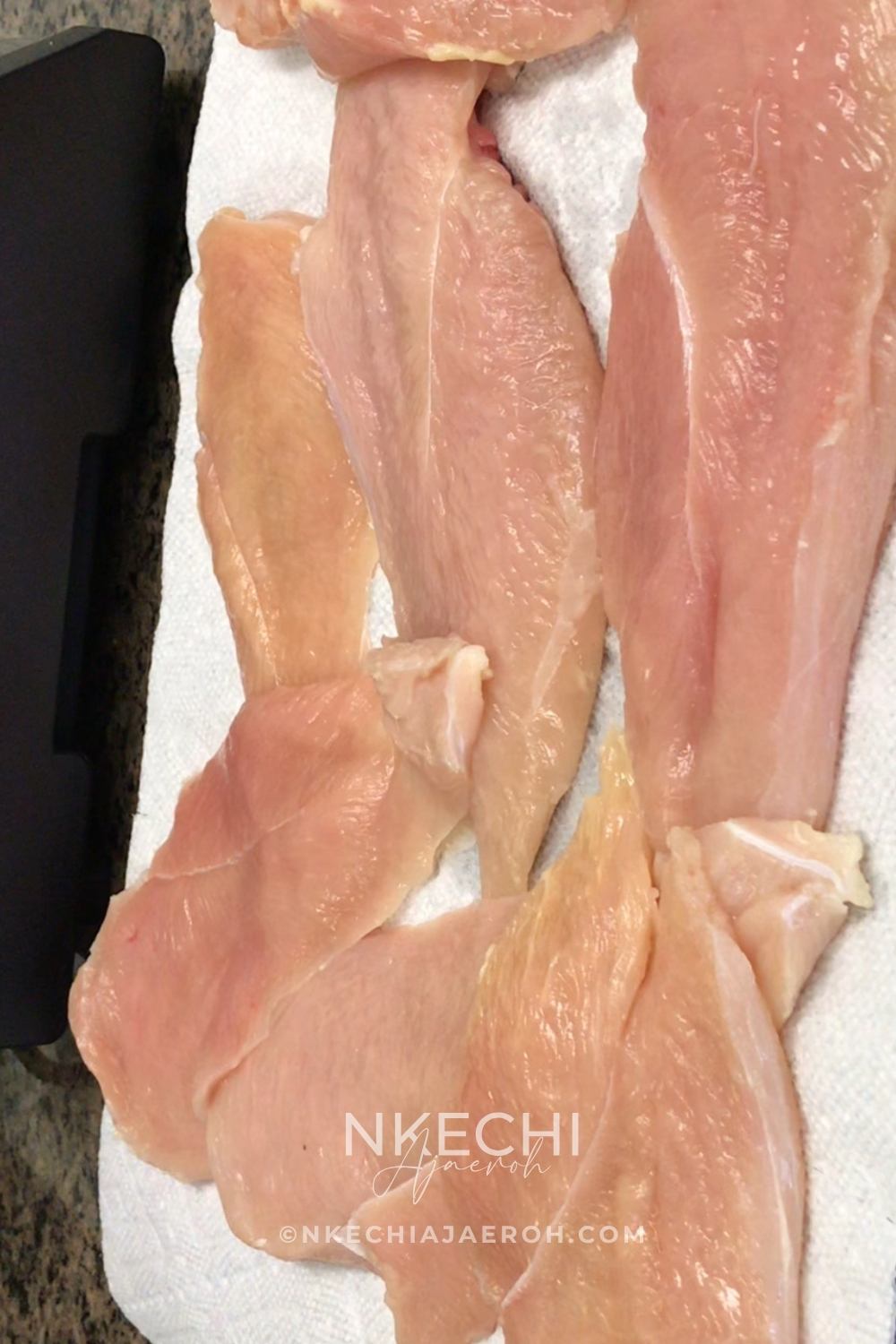 If you wish, wash and dry your chicken breasts, dabbing them with paper towels. Slice them in the middle, making them about 7 slices; if using smaller breasts, leave as is. Lay your sliced chicken breasts on a clean surface and liberally sprinkle salt and pepper on both sides.
