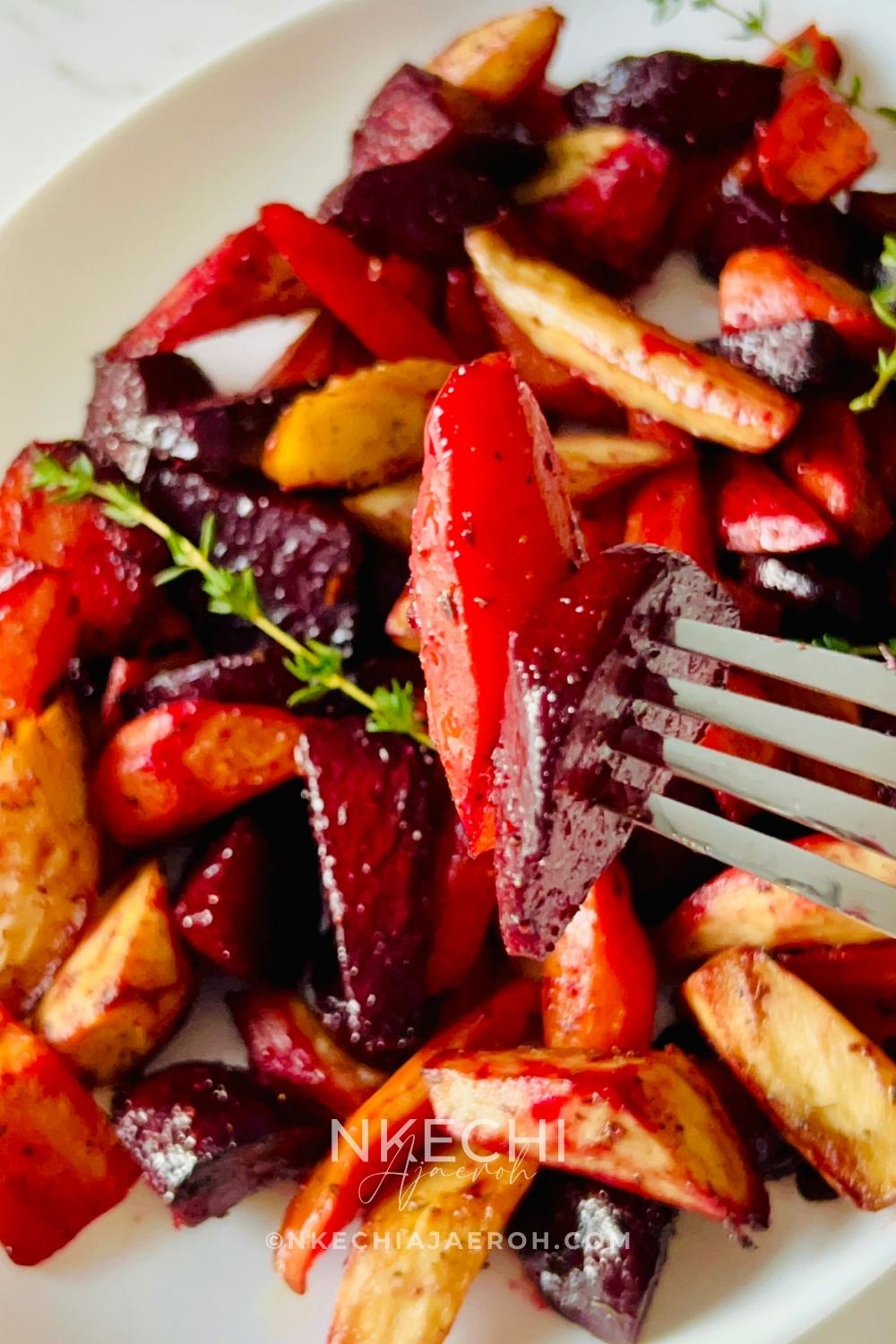 Oven Roasted Mixed Root Vegetables is a Gluten-free and Colorful Side Dish that you and your family will love! This healthy, vibrant vegetable side dish is almost hands-free! Oven-roasted mixed root vegetables recipe comprises of beetroot, carrots, and parsnips. This combination is not only stunning, colorful, and tasty but also incredibly easy to make and healthy. I love making this for most dinners that I am hosting because it adds beautiful color to the dinner table, plus most of these root vegetables are available during the fall season, so this makes a fantastic addition to your Thanksgiving and Christmas dinner table.