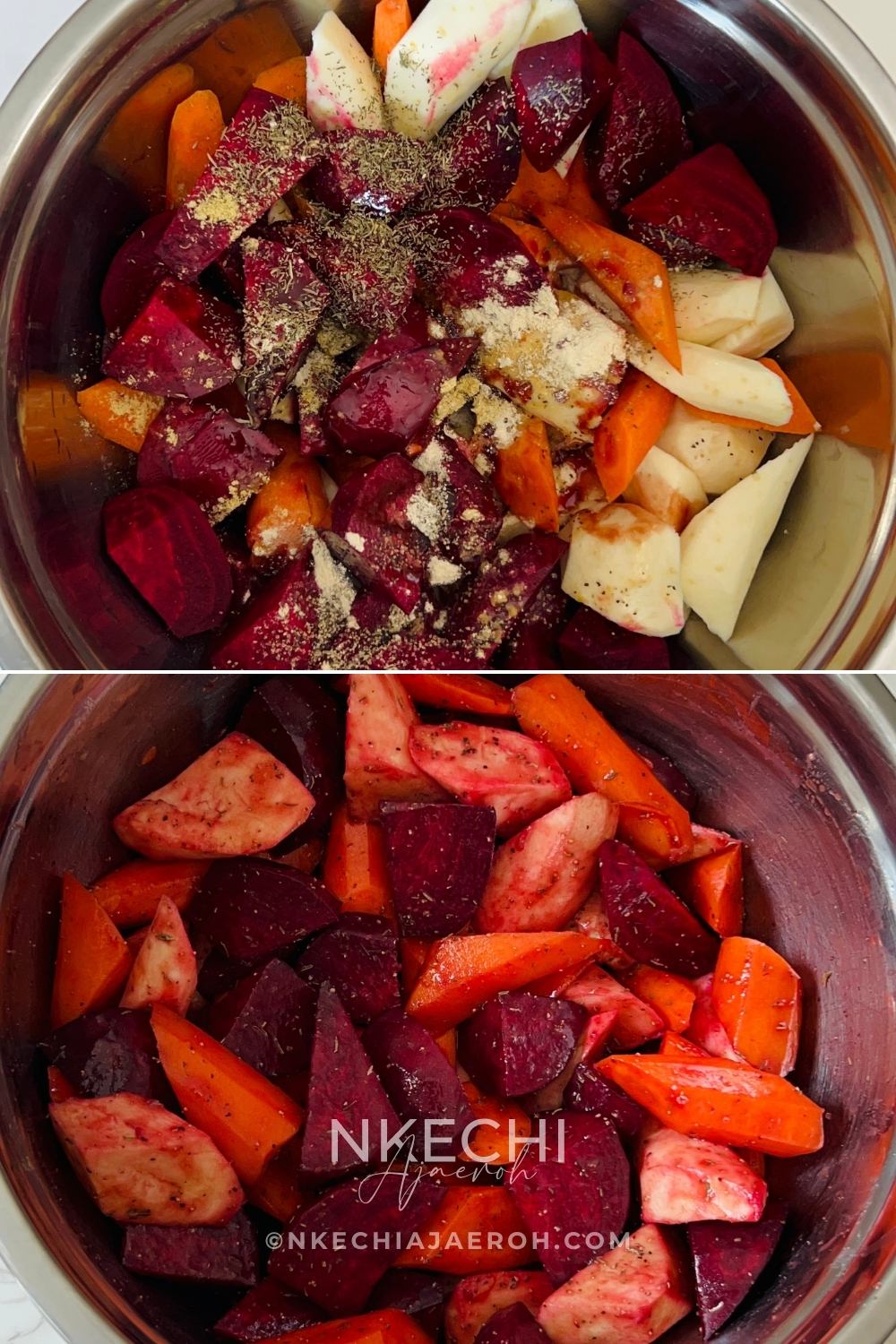 Oven Roasted Mixed Root Vegetables is a Gluten-free and Colorful Side Dish that you and your family will love! This healthy, vibrant vegetable side dish is almost hands-free! Oven-roasted mixed root vegetables recipe comprises of beetroot, carrots, and parsnips. This combination is not only stunning, colorful, and tasty but also incredibly easy to make and healthy. I love making this for most dinners that I am hosting because it adds beautiful color to the dinner table, plus most of these root vegetables are available during the fall season, so this makes a fantastic addition to your Thanksgiving and Christmas dinner table.