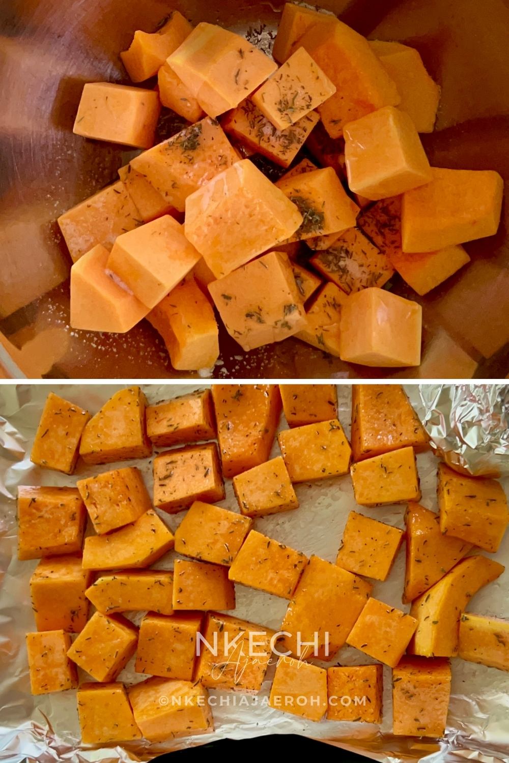 Place the cut/cubed butternut squash into a bowl, then add olive oil, salt, and dried thyme. Using clean hands or a spatula, gently combine and season the butternut squash properly. Place the seasoned butternut squash cubes on a parchment paper-lined baking sheet, ensuring they are spread out evenly.