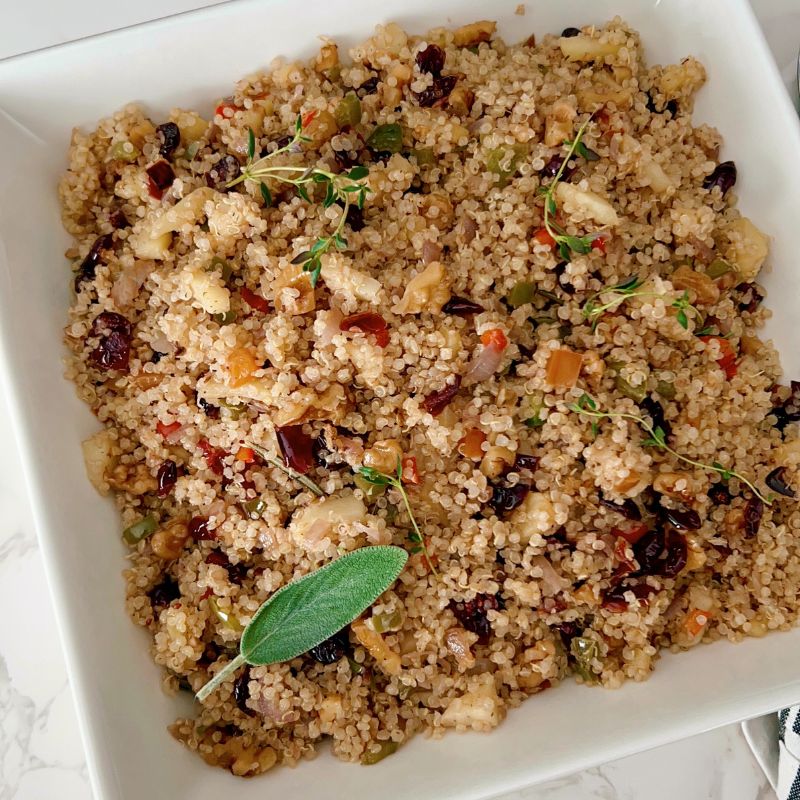 Celebrate the flavors of fall with this healthy Harvest Quinoa Pilaf — a wholesome vegan side dish made with fluffy quinoa, tart cranberries, crisp apples, and crunchy walnuts. It’s cozy, colorful, and bursting with natural sweetness and nutty flavor. Serve it as a nourishing holiday side, a hearty grain bowl, or the perfect make-ahead meal for busy weeks. Simple to make, full of texture, and beautiful on the table — this quinoa pilaf is fall comfort done right. This recipe makes for a healthy Thanksgiving, Friendsgiving, or cozy weeknight dinners.