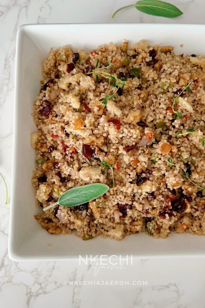 Celebrate the flavors of fall with this healthy Harvest Quinoa Pilaf — a wholesome vegan side dish made with fluffy quinoa, tart cranberries, crisp apples, and crunchy walnuts. It’s cozy, colorful, and bursting with natural sweetness and nutty flavor. Serve it as a nourishing holiday side, a hearty grain bowl, or the perfect make-ahead meal for busy weeks. Simple to make, full of texture, and beautiful on the table — this quinoa pilaf is fall comfort done right. This recipe makes for a healthy Thanksgiving, Friendsgiving, or cozy weeknight dinners.