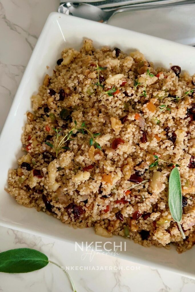 Celebrate the flavors of fall with this healthy Harvest Quinoa Pilaf — a wholesome vegan side dish made with fluffy quinoa, tart cranberries, crisp apples, and crunchy walnuts. It’s cozy, colorful, and bursting with natural sweetness and nutty flavor. Serve it as a nourishing holiday side, a hearty grain bowl, or the perfect make-ahead meal for busy weeks. Simple to make, full of texture, and beautiful on the table — this quinoa pilaf is fall comfort done right. This recipe makes for a healthy Thanksgiving, Friendsgiving, or cozy weeknight dinners.
