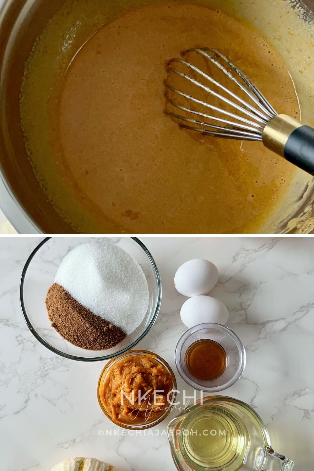 In a large mixing bowl, add the sugars (Monk fruit and coconut sugar), and eggs, and beat. Beat for about a minute until smooth, then slowly stream in the oil while mixing. Then, stir in the pumpkin purée and vanilla extract until fully incorporated. Make sure everything is combined well.