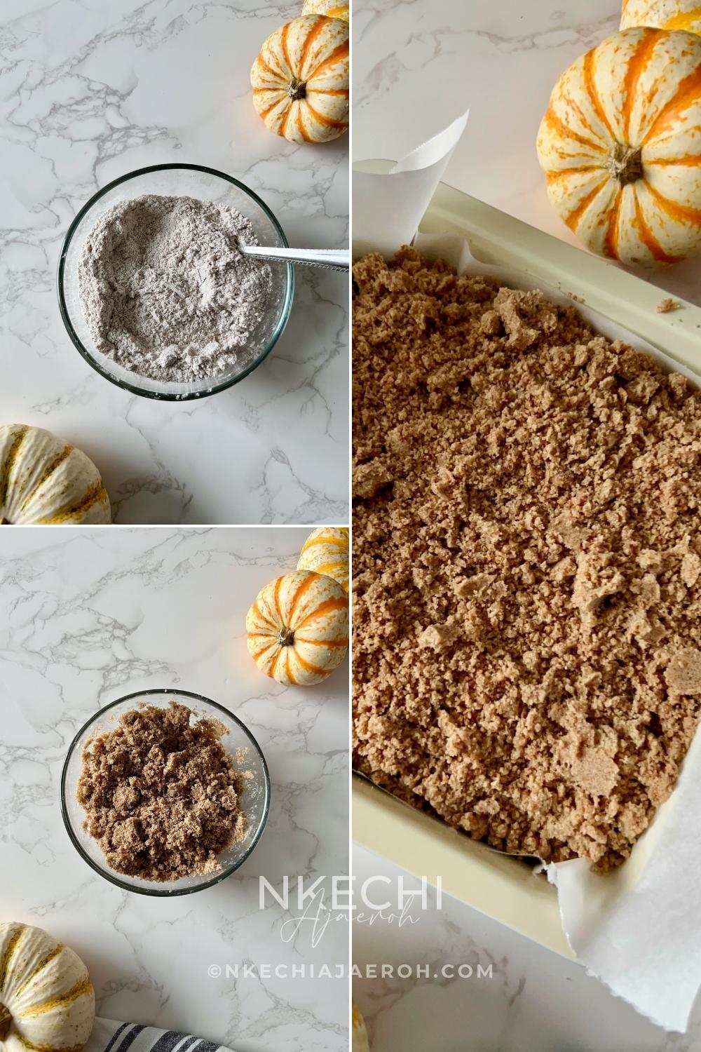 In a mixing bowl, combine all streusel ingredients using a fork. Then add the melted butter and mix until crumbly (you may need to use a clean hand). Sprinkle the streusel evenly over the cake batter.
