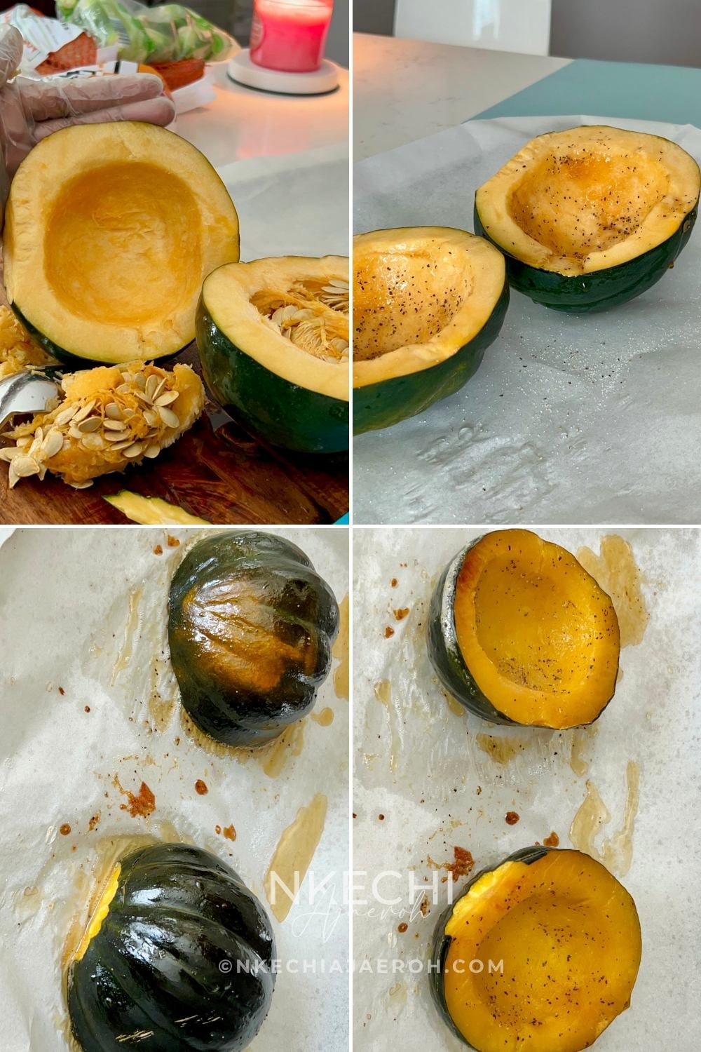 Preheat your oven to 400°F (200°C). Cut each acorn squash in half lengthwise and scoop out the seeds. Sprinkle lightly with salt and pepper, then brush the insides with olive oil and maple syrup. Place cut side down on a parchment-lined baking sheet and roast for 30–35 minutes, until the flesh is fork-tender and slightly caramelized around the edges.