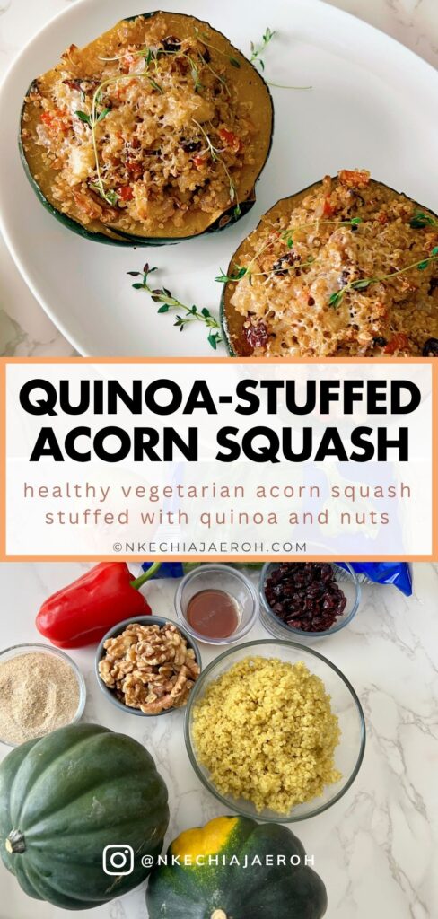 This Healthy Quinoa-Stuffed Acorn Squash is packed with wholesome quinoa, spinach, cranberries, and herbs. A delicious, gluten-free vegetarian main or side dish for your cozy fall meals or Thanksgiving table! Quinoa-stuffed acorn squash halves on a baking tray with fresh herbs. Roasted acorn squash filled with quinoa, cranberries, and spinach. Healthy vegetarian acorn squash stuffed with quinoa and nuts. Quinoa and vegetable filling being spooned into roasted acorn squash. Beautifully roasted acorn squash halves served for Thanksgiving dinner.