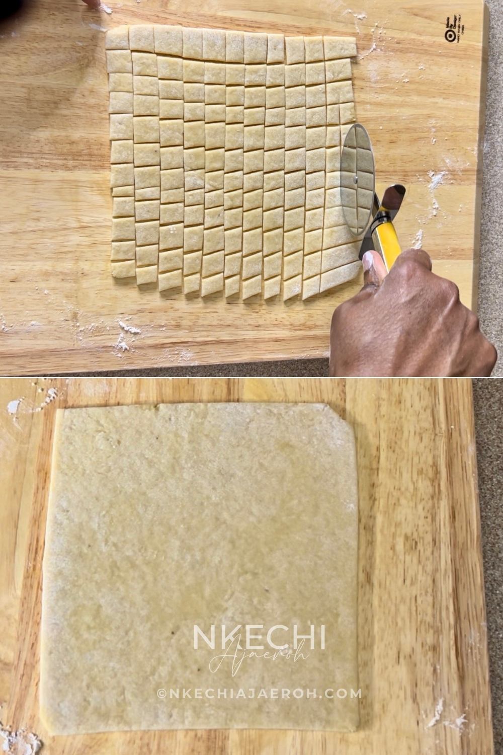 Lightly flour your work surface to prevent sticking. Cut off a portion of the dough, place it on the board, and roll it out flat with a rolling pin. Using a knife or pizza cutter, cut the dough into small strips or squares — whatever size you prefer. Repeat until all the dough is rolled and cut.