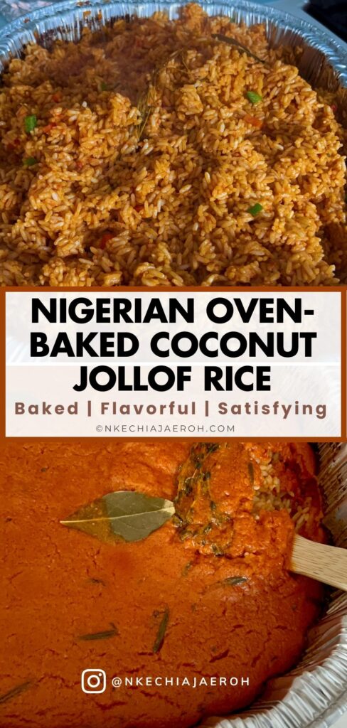 This Nigerian baked coconut jollof rice is rich, aromatic, and oven-baked for deep flavor and easy meal prep. Made with parboiled rice, coconut milk, Nigerian tomato stew, homemade chicken broth, herbs, and spices, this recipe is perfect for holidays, Sunday dinners, and freezer-friendly meals. If you love jollof rice and want a hands-off, foolproof method, this baked version is a must-try. 
If you’ve never had it before, consider this your introduction to one of Africa’s finest exports — the incomparable Nigerian baked coconut jollof rice. I hope you’ll make it and enjoy it as we do, week to week and occasion to occasion.
