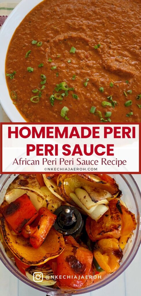 This homemade, authentic African-inspired peri peri sauce recipe is bold, smoky, and perfectly spicy. Made with fresh vegetables and simple ingredients, it’s easy, healthy, and incredibly versatile. Save this easy homemade peri peri sauce recipe! Made with fresh peppers, tomatoes, and bold spices, this African-inspired sauce is smoky, spicy, and perfect for chicken, veggies, and meal prep. Skip store-bought and make your own healthy peri peri sauce at home. Great for air fryer meals, marinades, and flavorful dinners!
