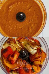 Transfer the smoked vegetables into a food processor. Add: Paprika, African bird’s eye pepper (or chipotle chili pepper), Olive oil, Water, Knorr Bouillon powder. and Salt. Feel free to squeeze in some fresh lemon juice (I didn't). Blend together, but do not puree. You want a little texture for depth.