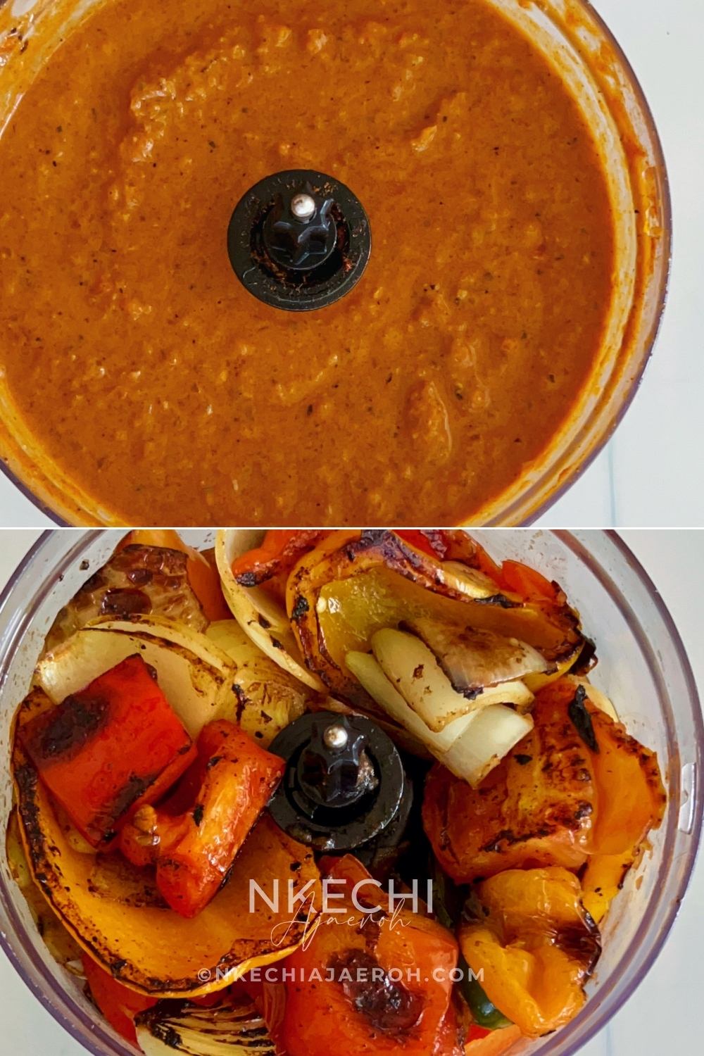 Transfer the smoked vegetables into a food processor.
Add: Paprika, African bird’s eye pepper (or chipotle chili pepper), Olive oil, Water, Knorr Bouillon powder. and Salt. Feel free to squeeze in some fresh lemon juice (I didn't).
Blend together, but do not puree. You want a little texture for depth.