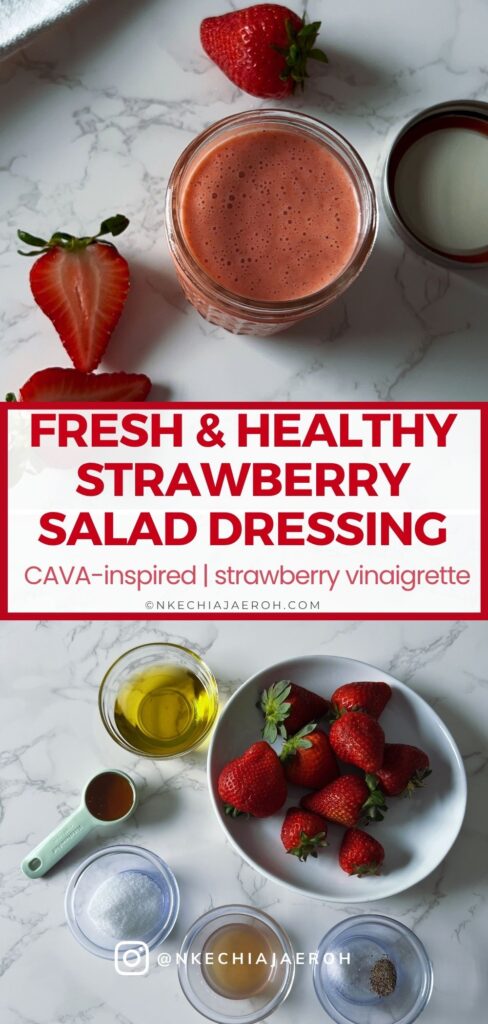 This Fresh Strawberry Salad Dressing is sweet, tangy, and creamy, made with real strawberries, extra-virgin olive oil, apple cider vinegar, honey, and monk fruit. Inspired by the flavors of CAVA, this easy homemade dressing comes together in just 5 minutes and is perfect for green salads, salmon salads, quinoa bowls, and fresh summer recipes. Once you try this healthy strawberry dressing, you'll never want bottled dressing again!