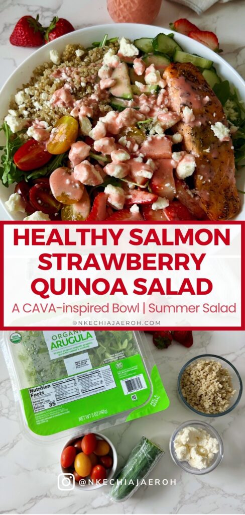 Looking for the perfect healthy summer salad? This Salmon Strawberry Quinoa Arugula Salad is inspired by one of my favorite restaurant bowls and combines perfectly seasoned salmon, fluffy quinoa, peppery arugula, juicy strawberries, cucumbers, tomatoes, feta, and a homemade fresh strawberry dressing. It's high in protein, meal-prep friendly, and ready in about 20 minutes. Perfect for lunch, dinner, or whenever you need a fresh, satisfying meal.