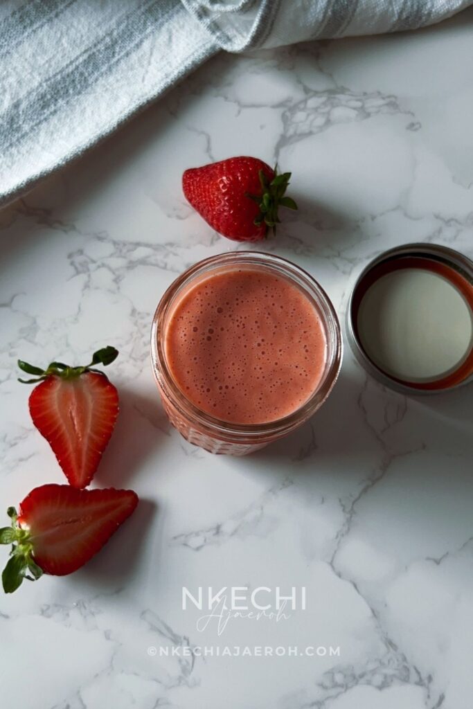 This Fresh Strawberry Salad Dressing is sweet, tangy, creamy, and made with real strawberries, olive oil, apple cider vinegar, honey, and monk fruit. Inspired by the flavors of CAVA, this easy homemade dressing comes together in just 5 minutes and is perfect for green salads, salmon salads, quinoa bowls, and fresh summer recipes. Once you try this healthy strawberry dressing, you'll never want bottled dressing again!