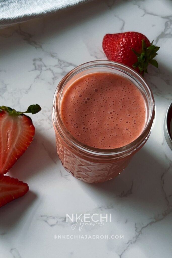This Fresh Strawberry Salad Dressing is sweet, tangy, and creamy, made with real strawberries, extra-virgin olive oil, apple cider vinegar, honey, and monk fruit. Inspired by the flavors of CAVA, this easy homemade dressing comes together in just 5 minutes and is perfect for green salads, salmon salads, quinoa bowls, and fresh summer recipes. Once you try this healthy strawberry dressing, you'll never want bottled dressing again!