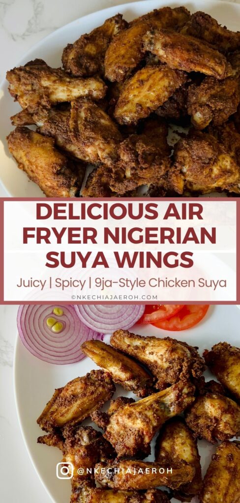 These Air Fryer Nigerian Chicken Suya Wings are juicy, crispy, spicy, and loaded with authentic 9ja flavor! Chicken wings are generously seasoned with yaji/suya pepper and air-fried until perfectly cooked and crisp. Serve these easy Nigerian suya wings with fresh onions and tomatoes, enjoy them as an appetizer, or pair them with jollof rice for dinner. A must-try Nigerian chicken recipe for suya lovers!