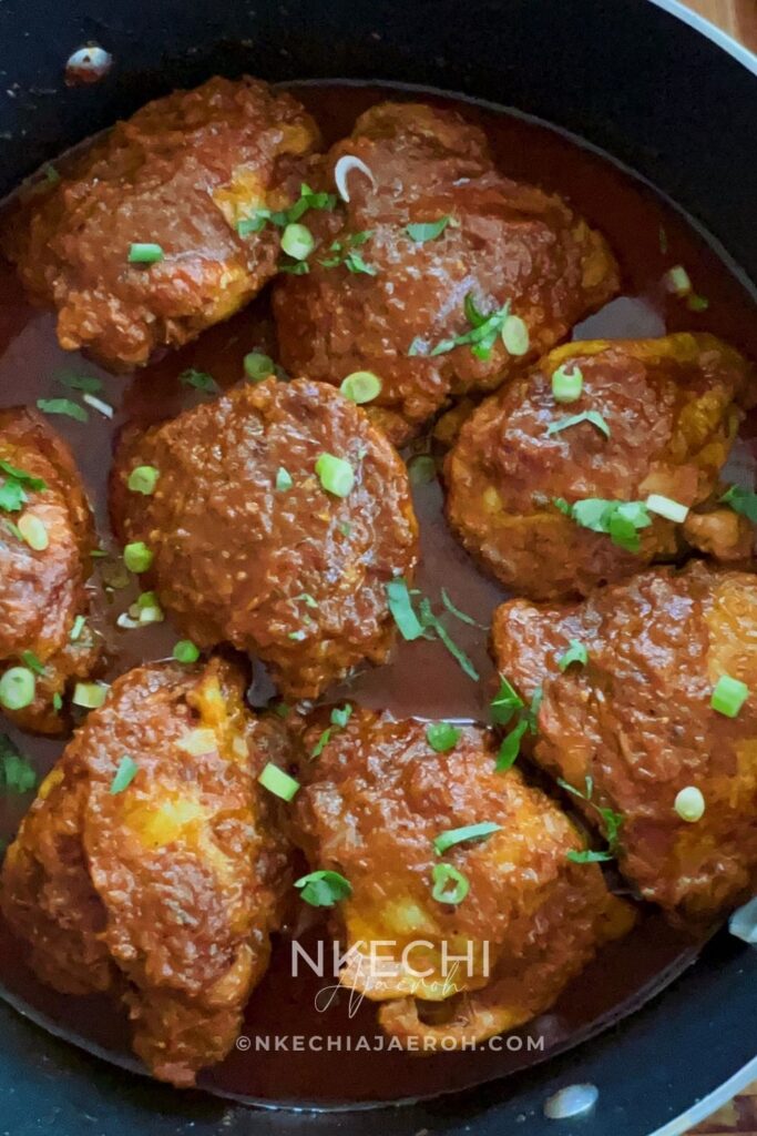 Looking for a bold and flavorful chicken dinner? This authentic African peri peri chicken is first seasoned and browned, then gently simmered in homemade peri peri sauce until juicy and tender. Every bite is smoky, spicy, and packed with rich African flavors. It is an easy stovetop recipe you'll make again and again. Experience the bold flavors of Africa with this authentic peri peri chicken recipe. Juicy chicken thighs are seasoned, browned, and gently simmered in a rich homemade peri peri sauce for a comforting meal you'll want to make again and again.