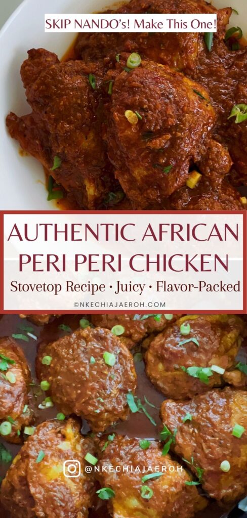 Looking for a bold and flavorful chicken dinner? This authentic African peri peri chicken is first seasoned and browned, then gently simmered in homemade peri peri sauce until juicy and tender. Every bite is smoky, spicy, and packed with rich African flavors. It is an easy stovetop recipe you'll make again and again. Experience the bold flavors of Africa with this authentic peri peri chicken recipe. Juicy chicken thighs are seasoned, browned, and gently simmered in a rich homemade peri peri sauce for a comforting meal you'll want to make again and again.