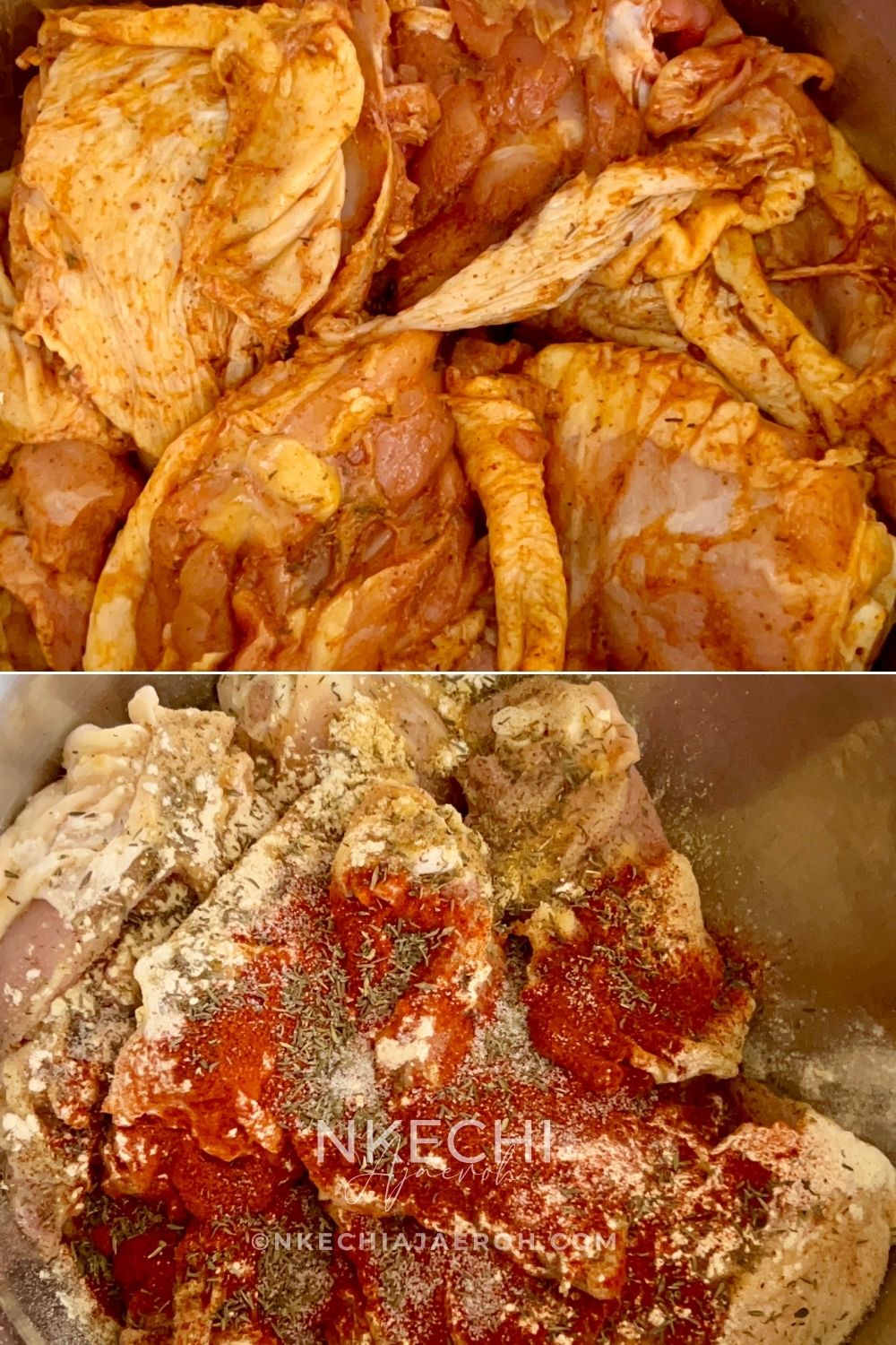 Place the chicken into a large bowl. Add the paprika, onion powder, garlic powder, thyme, Knorr bouillon powder, African bird's eye pepper, and salt.
Use clean hands or wear disposable gloves to coat every piece evenly.