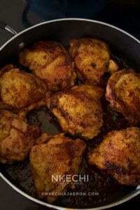 Heat the olive oil in a large skillet or Dutch oven over medium heat. Arrange the chicken thighs in a single layer, skin-side down. Cook for 5 to 7 minutes, or until the skin is golden brown. Flip and cook the other side for another 5 to 7 minutes.