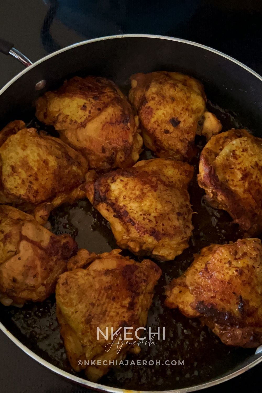 Heat the olive oil in a large skillet or Dutch oven over medium heat. Arrange the chicken thighs in a single layer, skin-side down. Cook for 5 to 7 minutes, or until the skin is golden brown. Flip and cook the other side for another 5 to 7 minutes.
