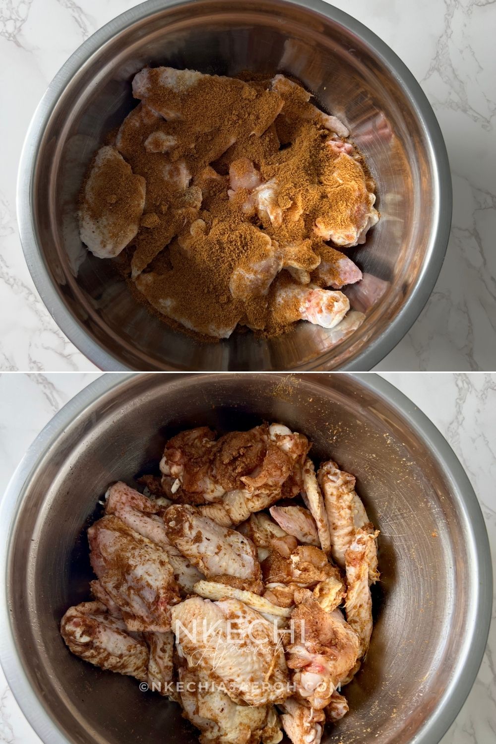Place the dried chicken wings in a large bowl. Add about half of the olive oil, Knorr seasoning, and salt. Add approximately two-thirds of the suya pepper and mix thoroughly until the seasoning evenly coats the chicken. You can start air frying the wings immediately or allow them to marinate before cooking for even more flavor.