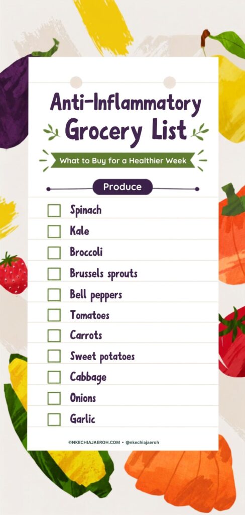 Not sure what to buy for an anti-inflammatory diet? Save this simple anti-inflammatory grocery list for your next shopping trip! Discover nourishing fruits, vegetables, proteins, whole grains, healthy fats, herbs, and spices that make healthy eating easier. Plus, get practical grocery shopping tips and simple meal inspiration to help you build an anti-inflammatory eating pattern without complicated rules or restrictive dieting. Perfect for busy women who want to eat well, support their health, and make nourishing meals all week. #AntiInflammatoryFoods #AntiInflammatoryDiet #GroceryList #HealthyEating #HealthyGroceryList #WomenOver40