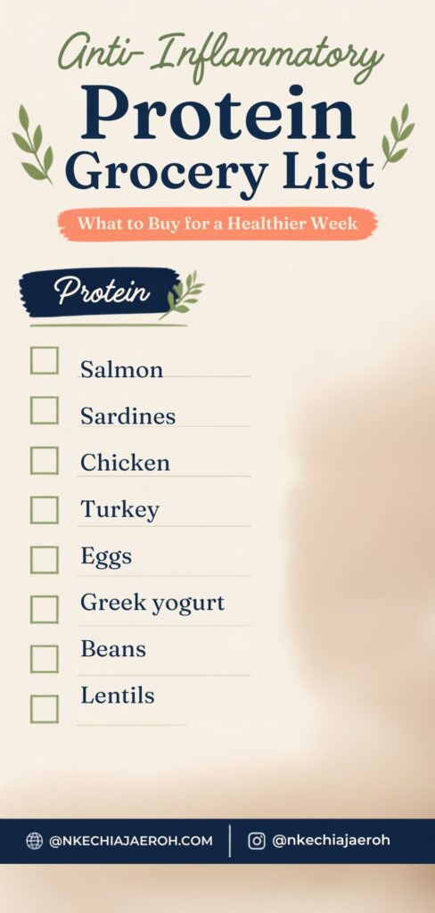 Not sure what to buy for an anti-inflammatory diet? Save this simple anti-inflammatory grocery list for your next shopping trip! Discover nourishing fruits, vegetables, proteins, whole grains, healthy fats, herbs, and spices that make healthy eating easier. Plus, get practical grocery shopping tips and simple meal inspiration to help you build an anti-inflammatory eating pattern without complicated rules or restrictive dieting. Perfect for busy women who want to eat well, support their health, and make nourishing meals all week. #AntiInflammatoryFoods #AntiInflammatoryDiet #GroceryList #HealthyEating #HealthyGroceryList #WomenOver40